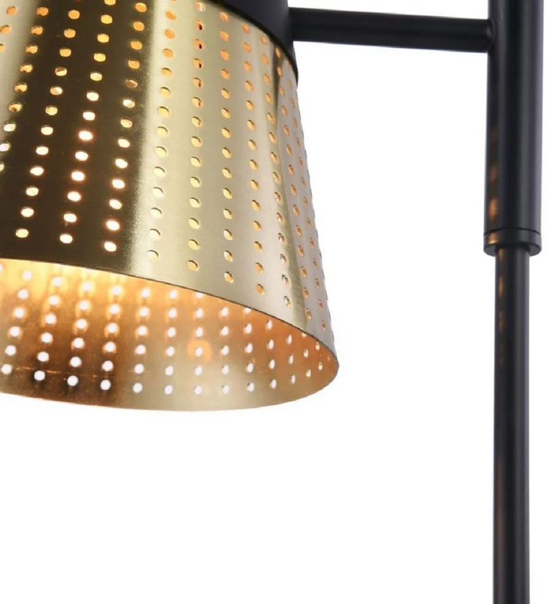 Casa Padrino Tischleuchte Antik Gold / Schwarz 17,5 x 26 x H. 55,5 cm - Moderne Tischlampe mit Lampenschirm aus perforiertem Metall