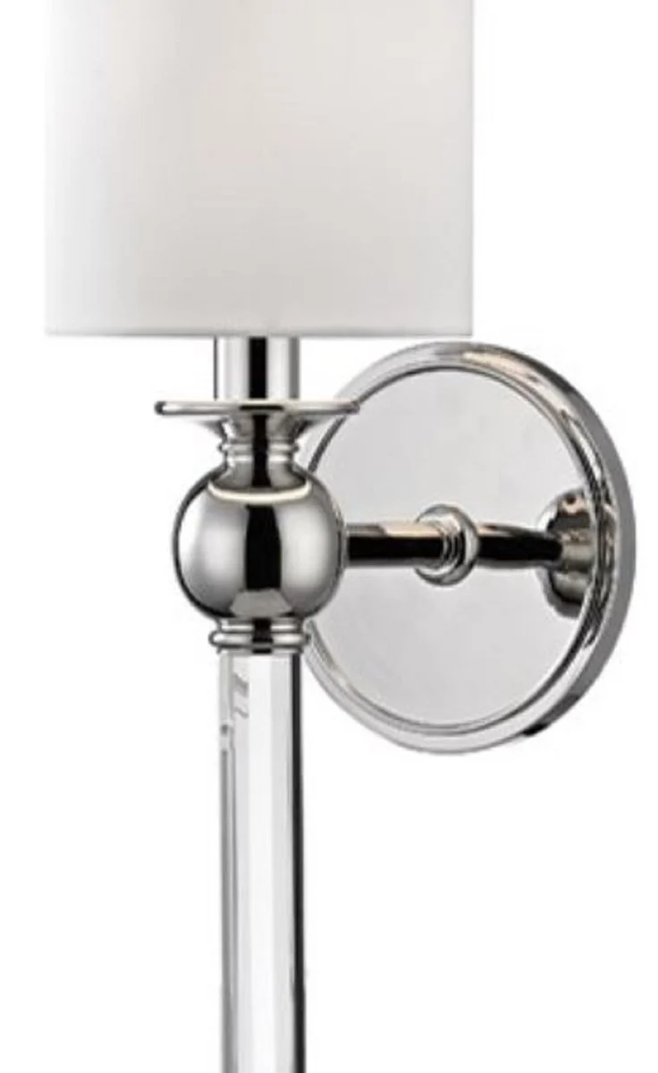 Casa Padrino Luxus Wandleuchte Silber / Weiß 12,7 x 17,2 x H. 56,5 cm - Wandlampe mit Kristallglas und rundem Seiden Lampenschirm