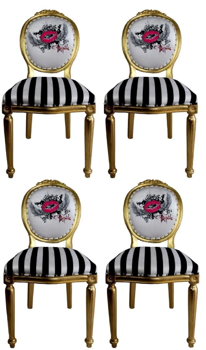 Pompöös by Casa Padrino Luxus Barock Esszimmerstühle Pink Lips Schwarz / Weiß Streifen / Gold - Pompööse Barock Stühle designed by Harald Glööckler - 4 Esszimmerstühle
