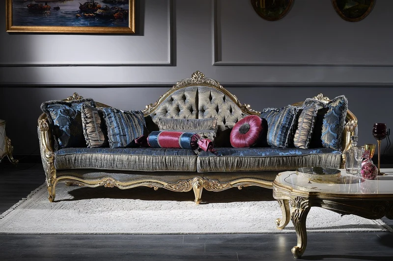 Casa Padrino Luxus Barock Chesterfield Sofa Dunkelblau / Antik Gold 300 x 90 x H. 119 cm - Prunkvolles Barock Wohnzimmer Sofa - Barockmöbel