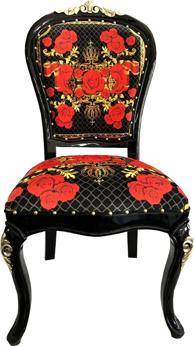 Pompöös by Casa Padrino Luxus Barock Esszimmerstühle Roses Schwarz / Rot / Gold - Esszimmer Set - 4 Pompööse Barock Stühle designed by Harald Glööckler