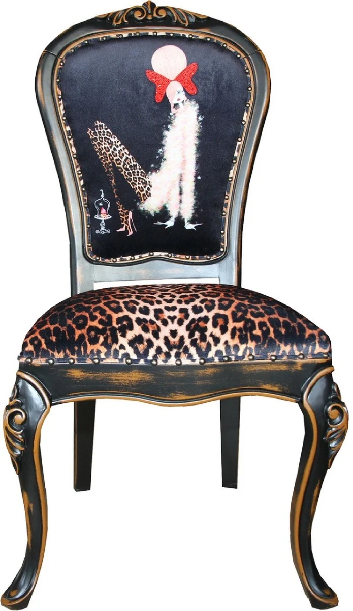Casa Padrino Luxus Barock Esszimmer Set Dame mit High Heels Leopard / Schwarz / Braun 50 x 50 x H. 110 cm - 6 handgefertigte Esszimmerstühle - Barockmöbel