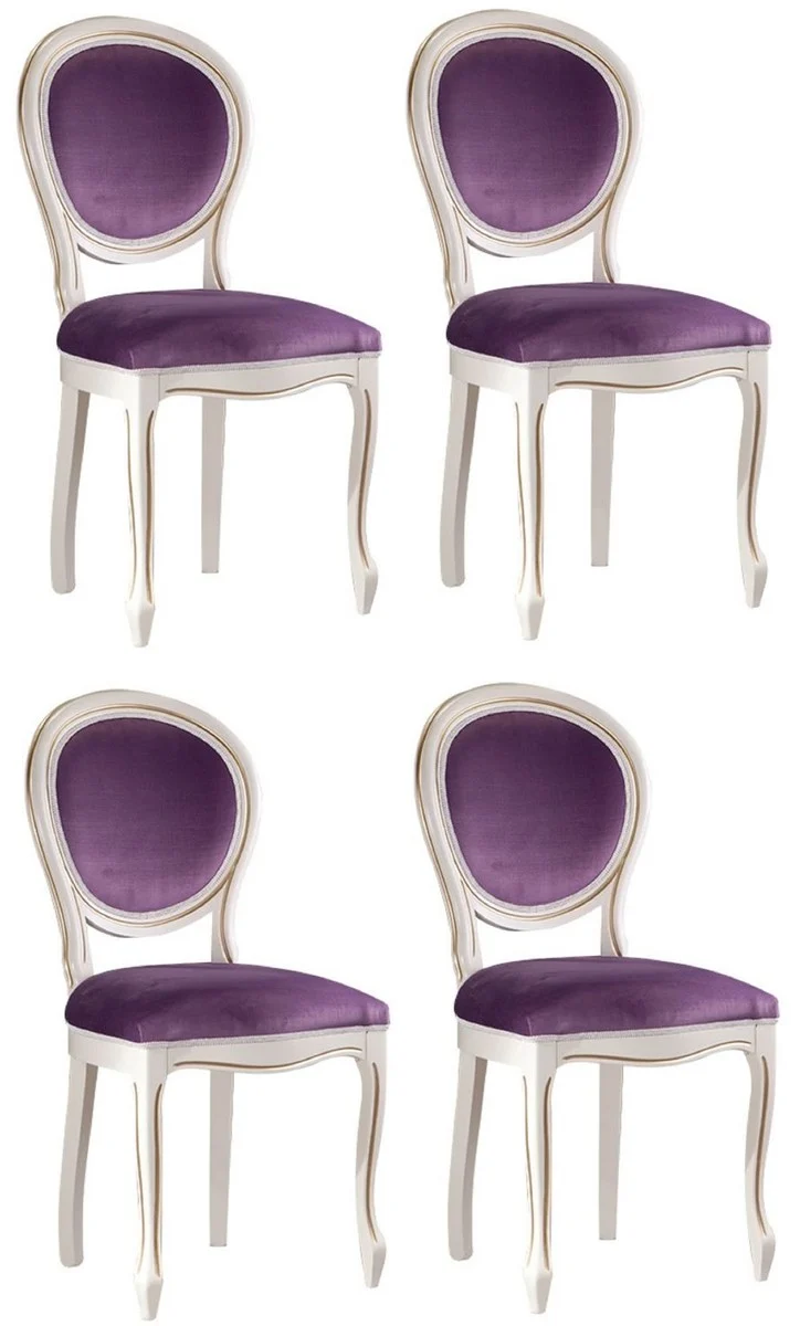 Casa Padrino Luxus Barock Esszimmer Set Weiß / Gold / Lila 47 x 42 x H. 98,5 cm - 4 Esszimmerstühle - Barock Esszimmermöbel