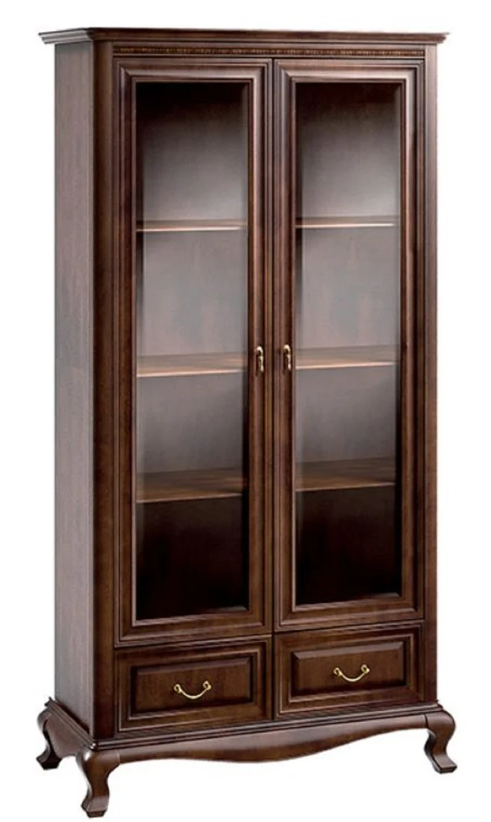 Casa Padrino Luxus Jugendstil Vitrinenschrank Dunkelbraun 116,8 x 46,1 x H. 206,6 cm - Wohnzimmerschrank mit 2 Glastüren und 2 Schubladen - Wohnzimmermöbel