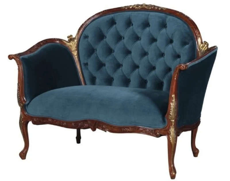 Casa Padrino Barock Samt Sofa Blau / Braun / Messingfarben 125 x 73,5 x H. 92,5 cm - Möbel im Barockstil