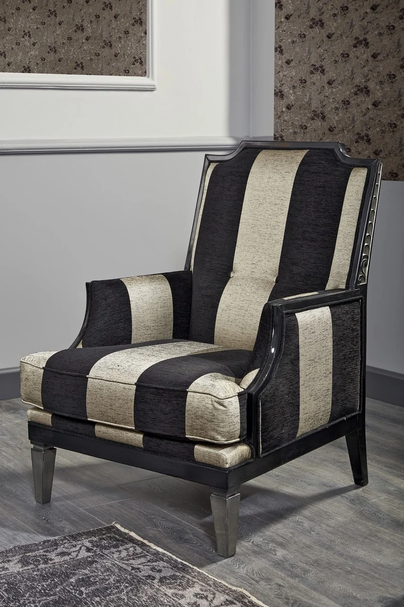 Casa Padrino Luxus Barock Sessel Schwarz / Gold / Silber 72 x 76 x H. 103 cm - Gestreifter Wohnzimmer Sessel - Barockmöbel