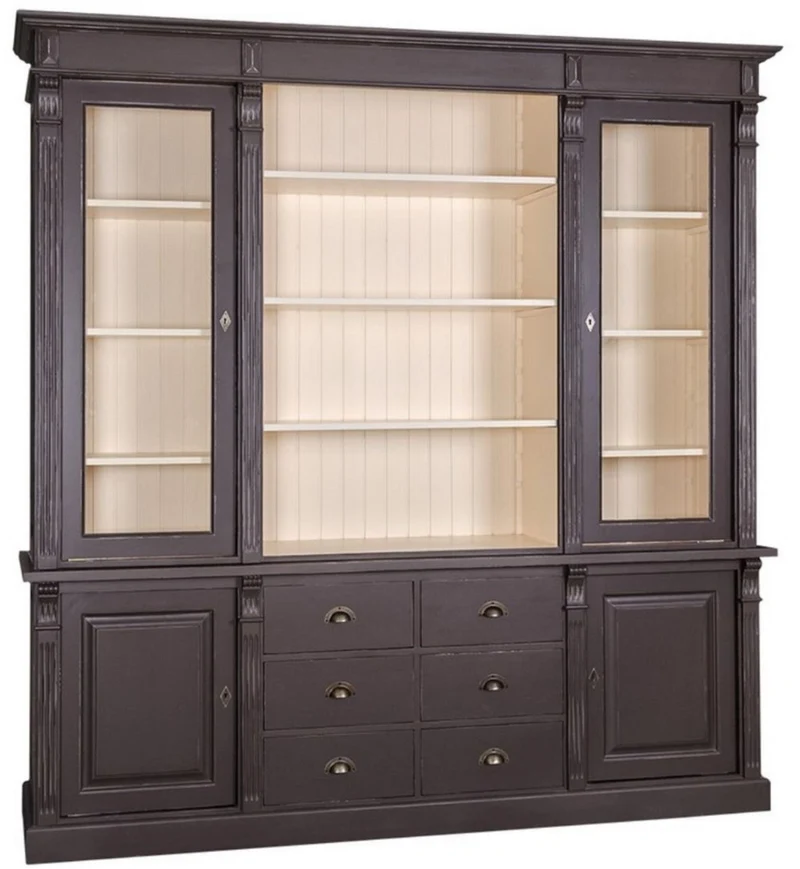 Casa Padrino Landhausstil Wohnzimmerschrank Antik Schwarz / Creme 223 x 51 x H. 240 cm - Bücherschrank mit 4 Türen und 6 Schubladen - Massivholz Schrank - Landhausstil Möbel
