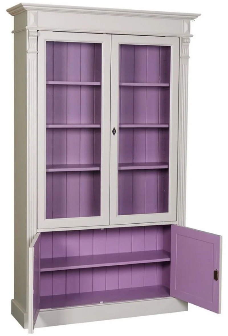 Casa Padrino Landhausstil Bücherschrank Hellgrau / Lila 119 x 39 x H. 197 cm - Wohnzimmerschrank mit 4 Türen - Massivholz Schrank - Vitrinenschrank - Landhausstil Wohnzimmermöbel