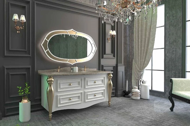 Casa Padrino Luxus Barock Badezimmer Set Weiß / Grau / Gold - 1 Waschtisch mit 4 Schubladen und 2 Waschbecken und 1 Wandspiegel - Prunkvolle Badezimmermöbel