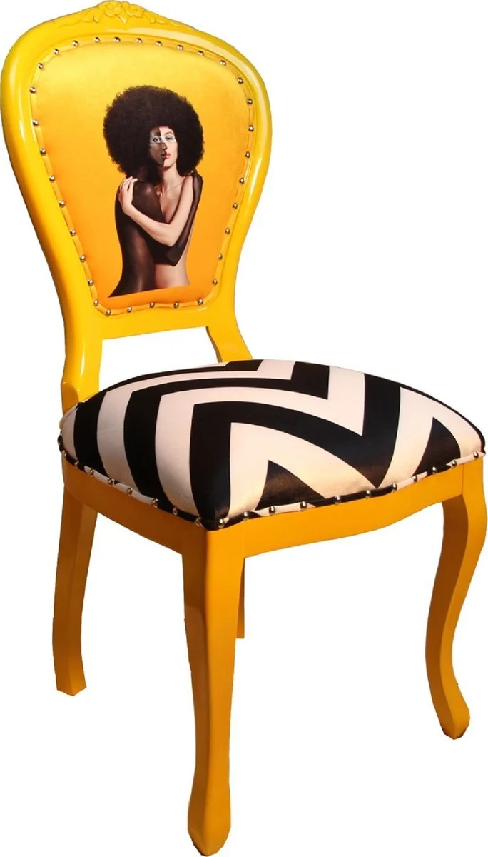 Casa Padrino Luxus Barock Esszimmer Set Schwarz / Weiß Streifen / Gelb 55 x 54 x H. 103 cm - 4 handgefertigte Designer Esszimmerstühle - Barock Esszimmermöbel
