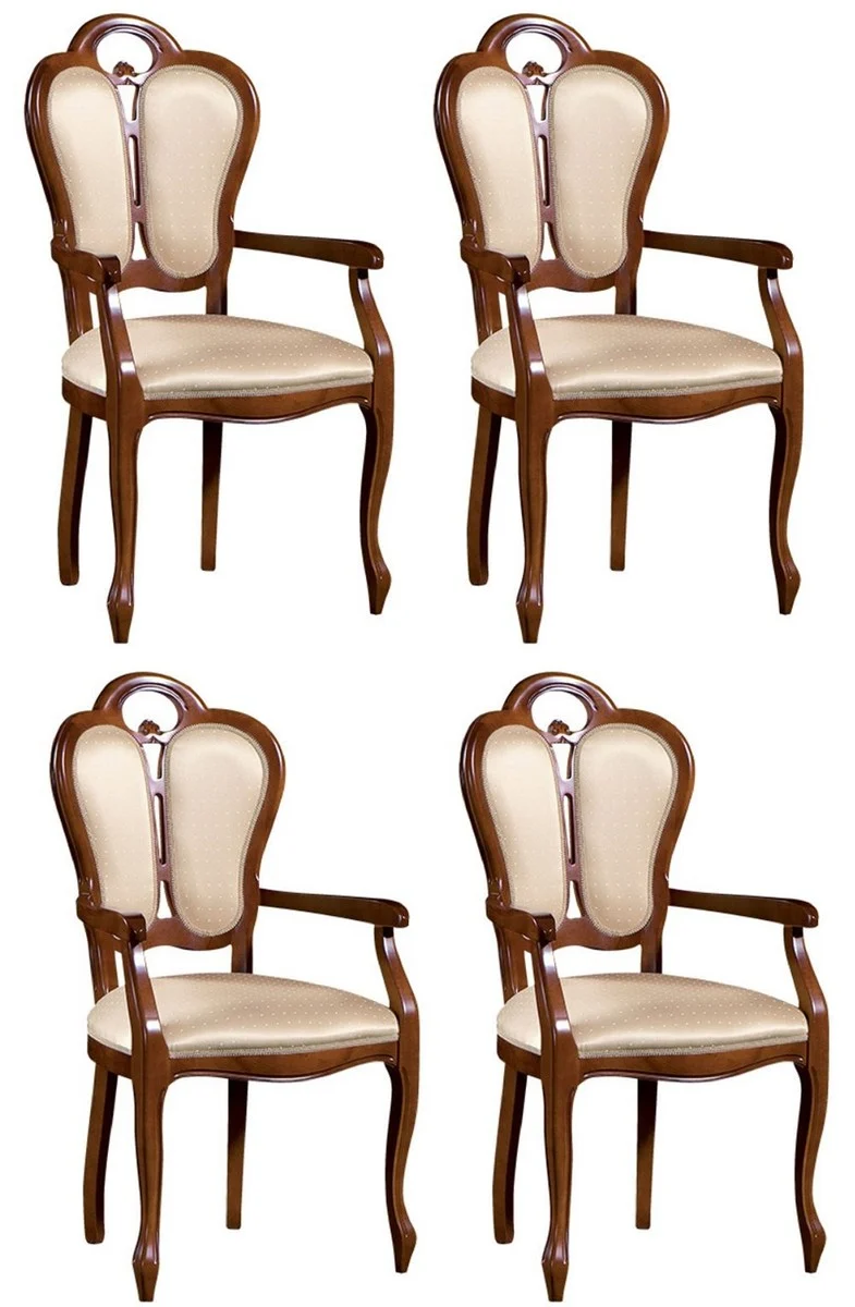 Casa Padrino Luxus Barock Esszimmer Set Braun / Weiß / Beige 57 x 43 x H. 105 cm - 4 Esszimmerstühle mit Armlehnen - Esszimmermöbel im Barockstil
