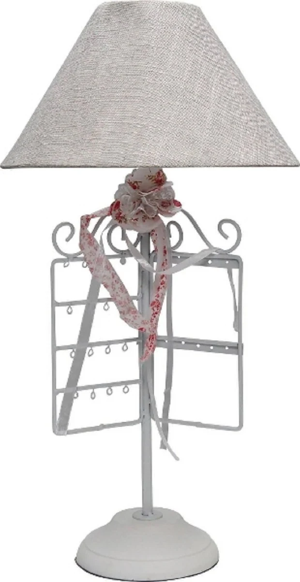 Casa Padrino Designer Tischleuchte Weiß / Grau / Rosa Ø 27 x H. 53 cm - Romantische Tischlampe mit Schmuckständer