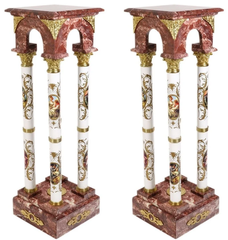 Casa Padrino Barock Marmorsäulen Set Rot / Weiß / Gold - Elegantes Säulen Set im Barockstil