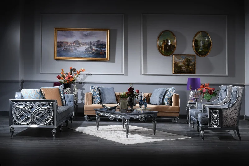 Casa Padrino Luxus Barock Wohnzimmer Set Blau / Beige / Silber - 2 Sofas & 2 Sessel & Couchtisch - Barock Wohnzimmermöbel