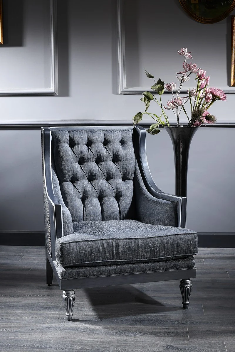 Casa Padrino Luxus Barock Wohnzimmer Set Blau / Beige / Silber - 2 Sofas & 2 Sessel & Couchtisch - Barock Wohnzimmermöbel
