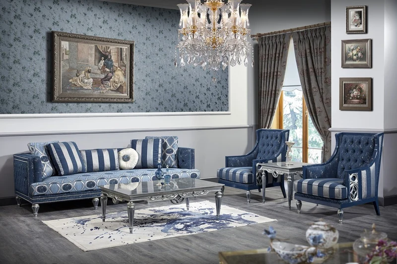Casa Padrino Luxus Barock Chesterfield Sofa Dunkelblau / Hellblau / Silber 250 x 92 x H. 85 cm - Barock Wohnzimmermöbel