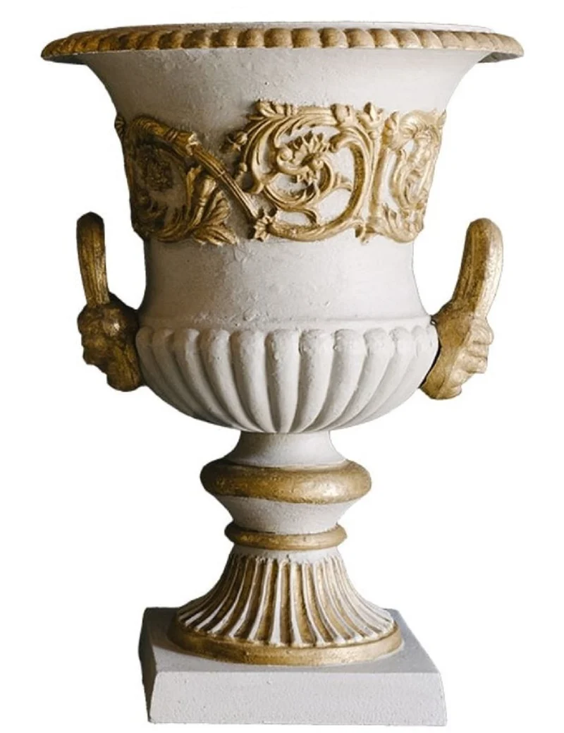 Casa Padrino Barock Gusseisen Vase mit Sockel Grau / Gold Ø 35 x H. 49 cm - Prunkvolle Gartendeko im Barockstil