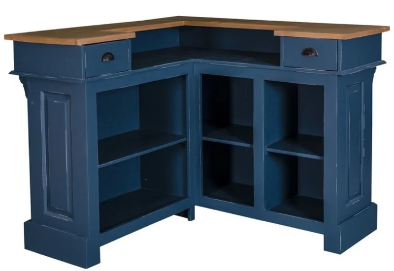 Casa Padrino Landhausstil Theke Antik Dunkelblau / Naturfarben 140 x 140 x H. 107 cm - Thekentisch mit 2 Schubladen - Landhausstil Möbel
