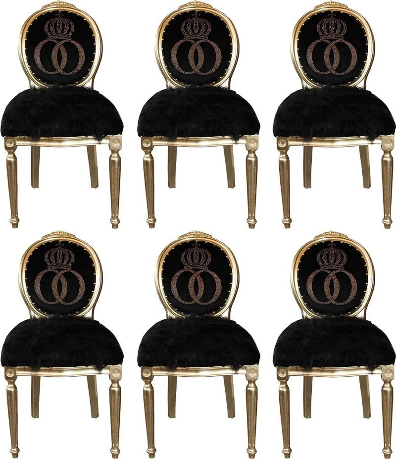 Pompöös by Casa Padrino Luxus Barock Esszimmerstühle Kunstfell Schwarz / Gold Krone mit Glitzersteinen 50 x 60 x H. 104 cm - Pompööse Barock Stühle designed by Harald Glööckler - 6 Esszimmerstühle
