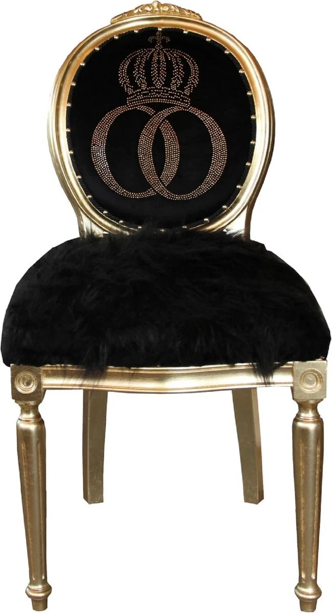 Pompöös by Casa Padrino Luxus Barock Esszimmerstühle Kunstfell Schwarz / Gold Krone mit Glitzersteinen 50 x 60 x H. 104 cm - Pompööse Barock Stühle designed by Harald Glööckler - 6 Esszimmerstühle