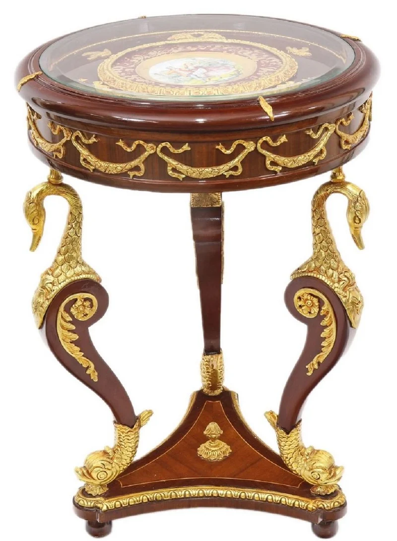 Casa Padrino Barock Mahagoni Beistelltisch mit Glasplatte Braun / Gold Ø 55 x H. 78 cm - Prunkvoller runder handgefertigter und handbemalter Tisch mit wunderschönen Verzierungen
