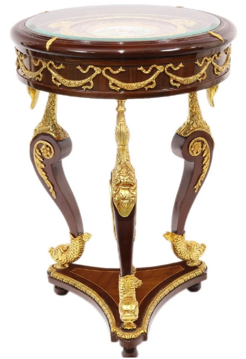 Casa Padrino Barock Mahagoni Beistelltisch mit Glasplatte Braun / Gold Ø 55 x H. 78 cm - Prunkvoller runder handgefertigter und handbemalter Tisch mit wunderschönen Verzierungen