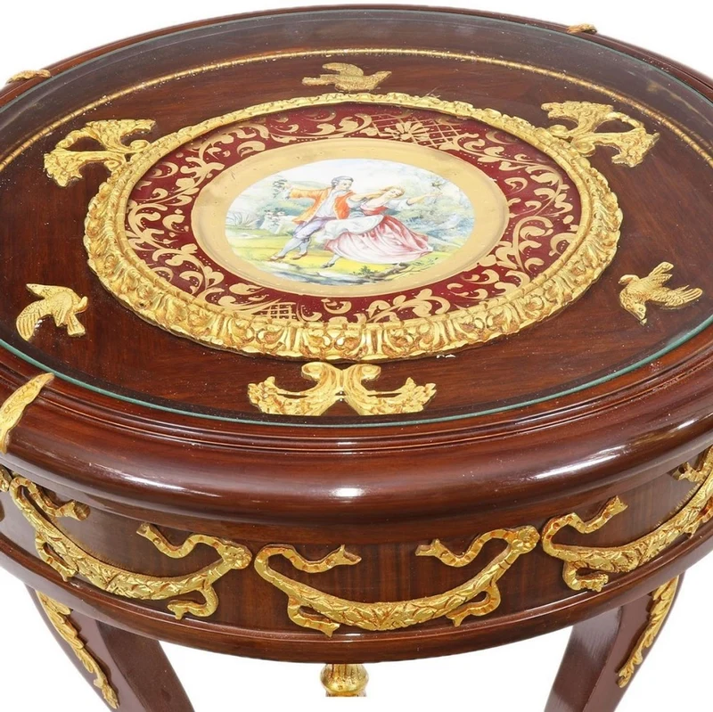 Casa Padrino Barock Mahagoni Beistelltisch mit Glasplatte Braun / Gold Ø 55 x H. 78 cm - Prunkvoller runder handgefertigter und handbemalter Tisch mit wunderschönen Verzierungen
