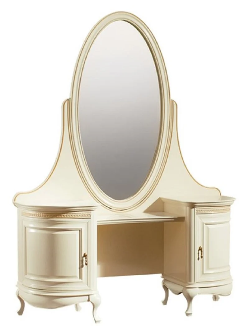 Casa Padrino Luxus Barock Schminktisch Creme / Gold 134 x 45 x H. 180 cm - Prunkvoller Friesiertisch mit ovalem Spiegel - Luxus Qualität