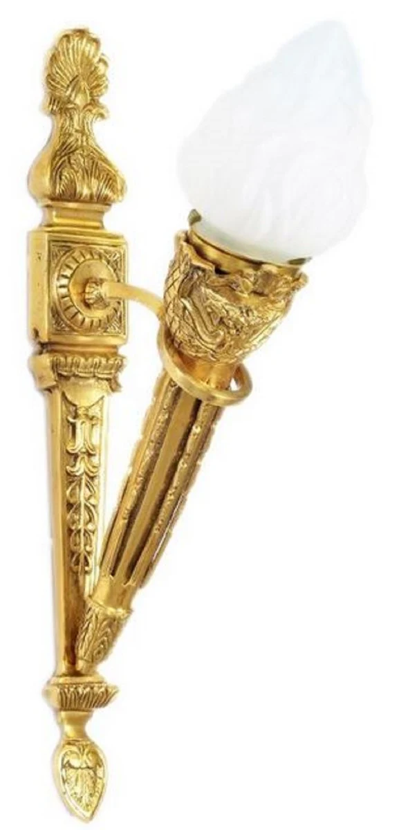 Casa Padrino Barock Wandleuchten Set Gold / Weiß 15 x 25 x H. 60 cm - Vergoldete Bronze Wandlampen im Fackel Design
