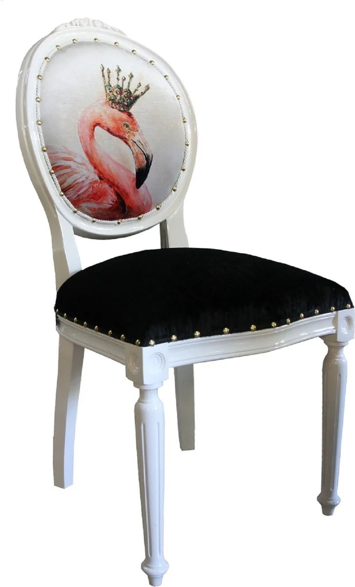Casa Padrino Luxus Barock Esszimmer Set Flamingo mit Krone Weiß / Schwarz / Mehrfarbig 48 x 50 x H. 98 cm - 6 handgefertigte Esszimmerstühle mit Bling Bling Glitzersteinen - Barock Esszimmermöbel