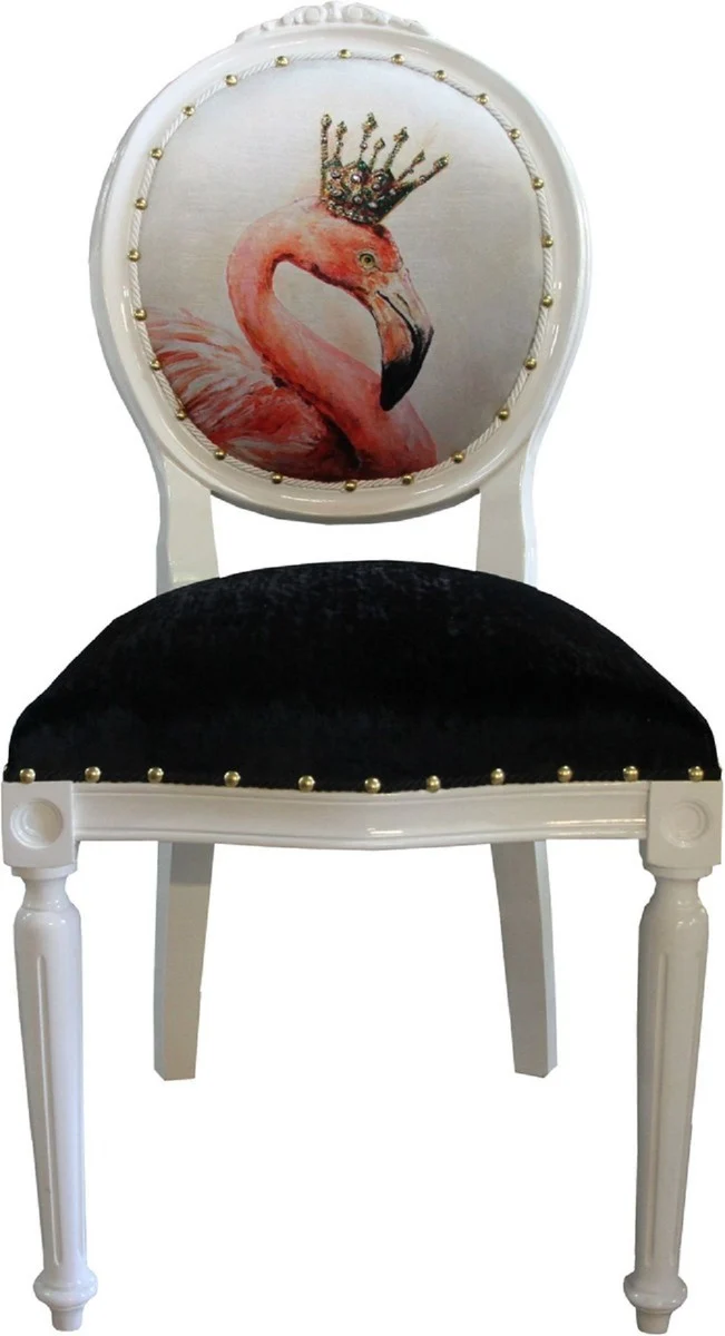 Casa Padrino Luxus Barock Esszimmer Set Flamingo mit Krone Weiß / Schwarz / Mehrfarbig 48 x 50 x H. 98 cm - 6 handgefertigte Esszimmerstühle mit Bling Bling Glitzersteinen - Barock Esszimmermöbel
