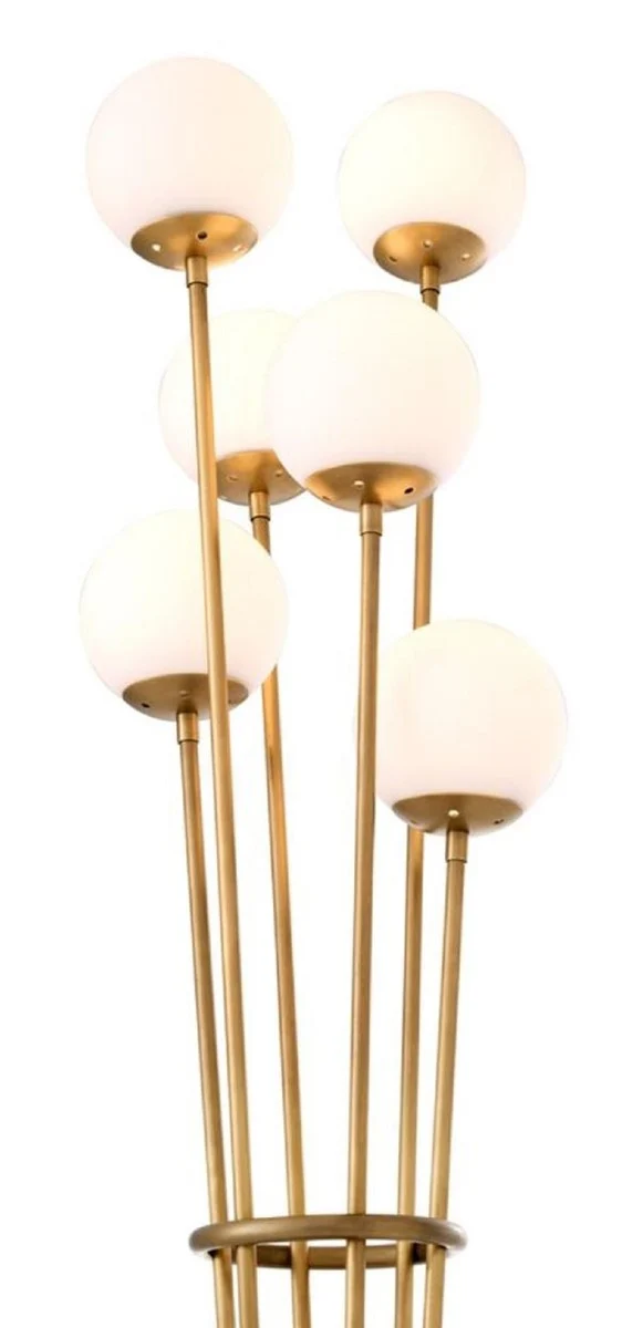 Casa Padrino Luxus Stehleuchte Antik Messingfarben / Schwarz / Weiß Ø 42 x H. 169 cm - Designer Stehlampe mit Marmorsockel und kugelförmigen Glas Lampenschirmen
