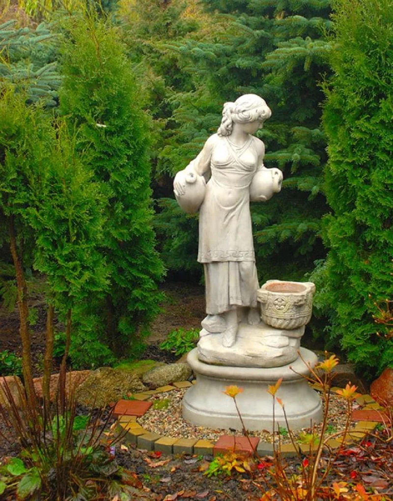 Casa Padrino Jugendstil Wasserspeier Skulptur Frau mit Krügen und dekorativem Blumentopf Grau 63 x 61 x H. 140 cm - Gartendeko Statue Steinfigur