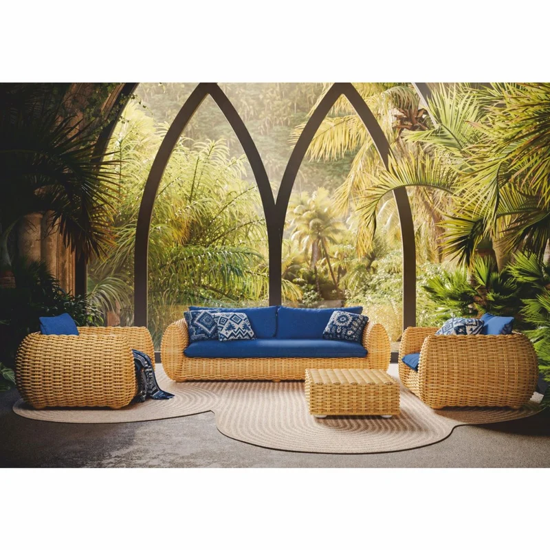 Casa Padrino Luxus Gartenmöbel Set Naturfarben / Blau - Garten & Terrassen Möbel