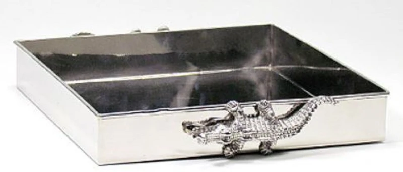 Casa Padrino Messing Serviertablett Kroko Silber 30 x 30 x H. 6 cm - Luxus Tablett
