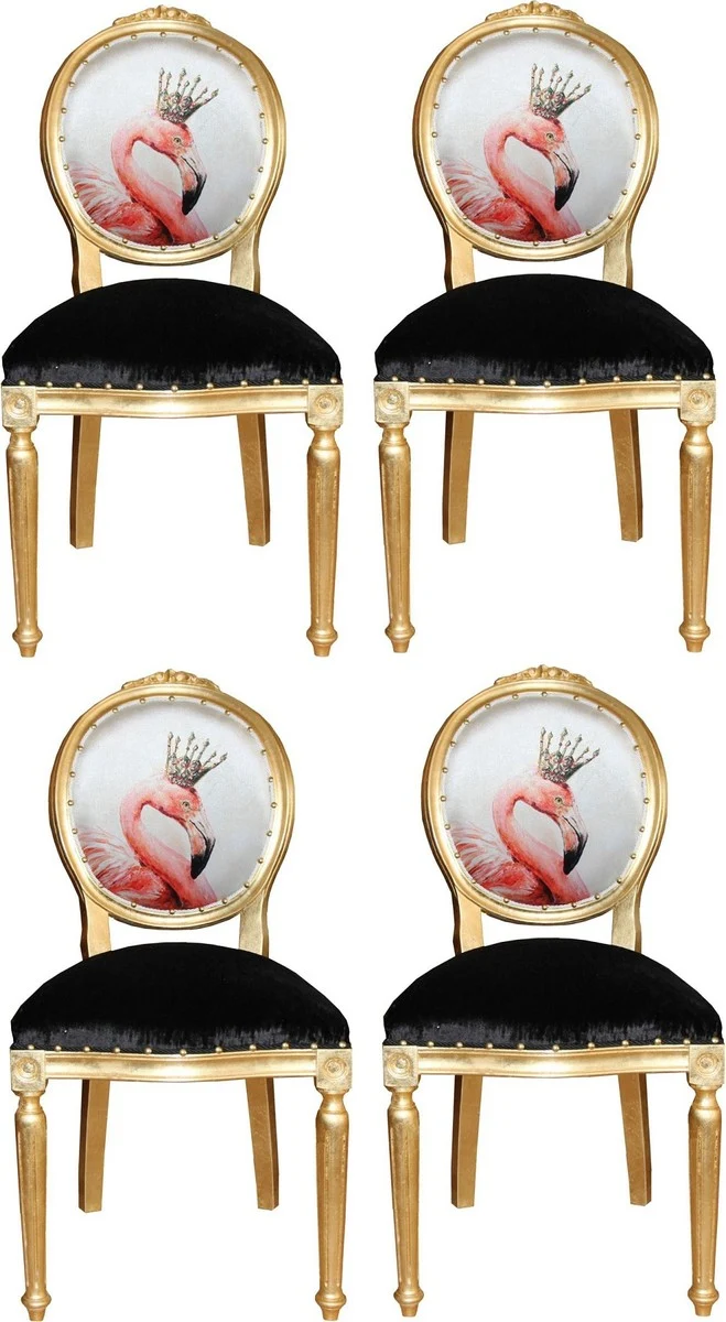 Casa Padrino Luxus Barock Esszimmer Set Flamingo mit Krone Gold / Schwarz / Mehrfarbig 48 x 50 x H. 98 cm - 4 handgefertigte Esszimmerstühle mit Bling Bling Glitzersteinen - Barock Esszimmermöbel