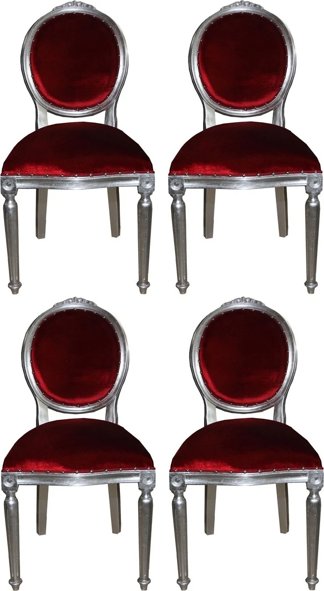 Casa Padrino Luxus Barock Esszimmer Set Medaillon Bordeauxrot / Silber 50 x 52 x H. 99 cm - 4 handgefertigte Esszimmerstühle - Barock Esszimmermöbel