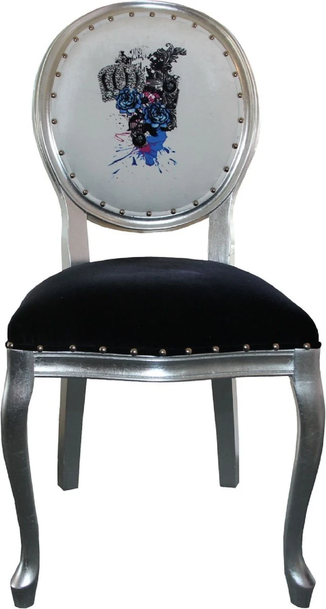 Pompöös by Casa Padrino Luxus Barock Esszimmerstühle Schwarz / Weiß / Silber 50 x 60 x H. 104 cm - Pompööse Barock Stühle designed by Harald Glööckler - 6 Esszimmerstühle
