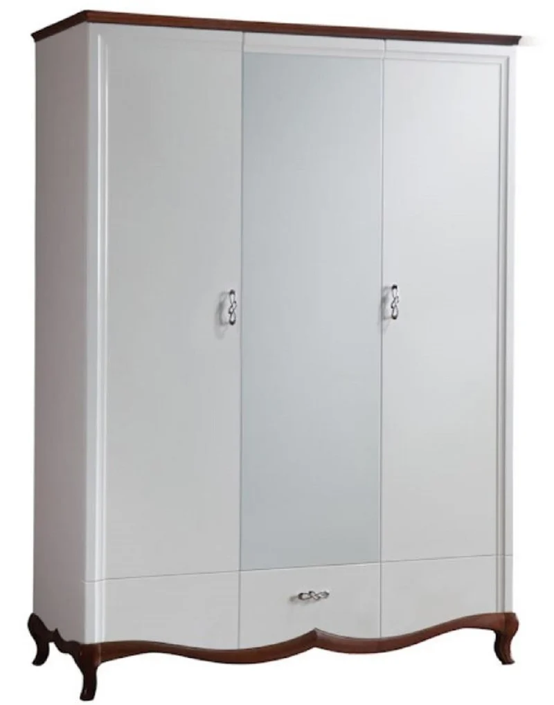 Casa Padrino Luxus Art Deco Schlafzimmerschrank Weiß / Dunkelbraun 164,2 x 62,5 x H. 209,5 cm - Kleiderschrank mit Spiegel 2 Türen und Schublade - Schlafzimmermöbel