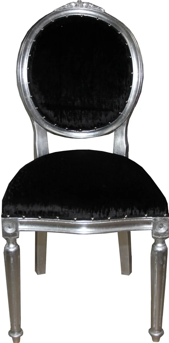 Casa Padrino Barock Medaillon Luxus Esszimmer Stuhl ohne Armlehnen in Schwarz / Silber - Interior