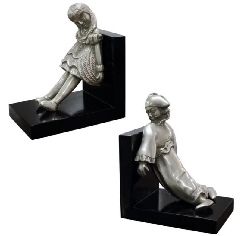 Casa Padrino Luxus Buchstützen Set Mädchen & Clown Silber / Schwarz 14 x 10 x H. 17 cm - Versilberte Deko Bronzefiguren mit Holzsockel