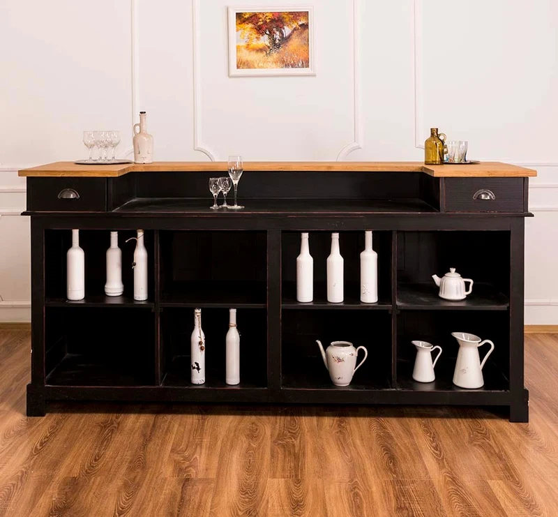 Casa Padrino Landhausstil Thekenschrank Antik Schwarz / Naturfarben 240 x 65 x H. 107 cm - Ladentheke mit Schubladen und Ablagefächer