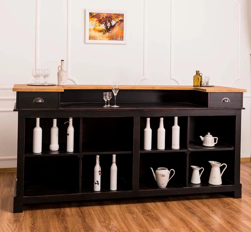 Casa Padrino Landhausstil Thekenschrank Antik Schwarz / Naturfarben 240 x 65 x H. 107 cm - Ladentheke mit Schubladen und Ablagefächer