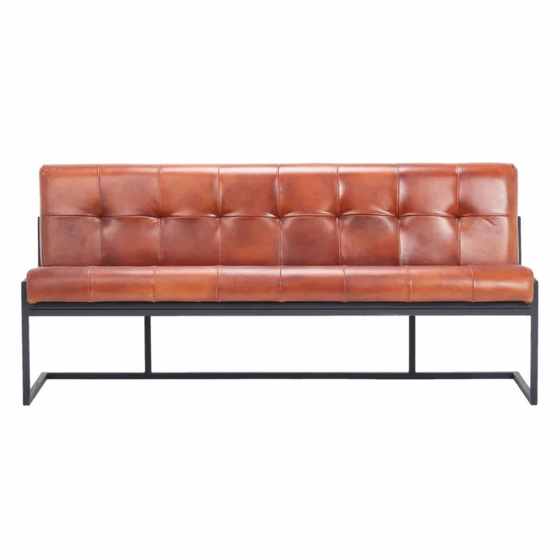 Casa Padrino Luxus Chesterfield Echtleder Sitzbank Hellbraun / Schwarz 200 cm - Echtleder Möbel