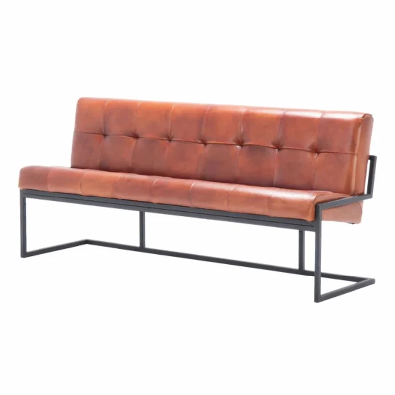Casa Padrino Luxus Chesterfield Echtleder Sitzbank Hellbraun / Schwarz 200 cm - Echtleder Möbel