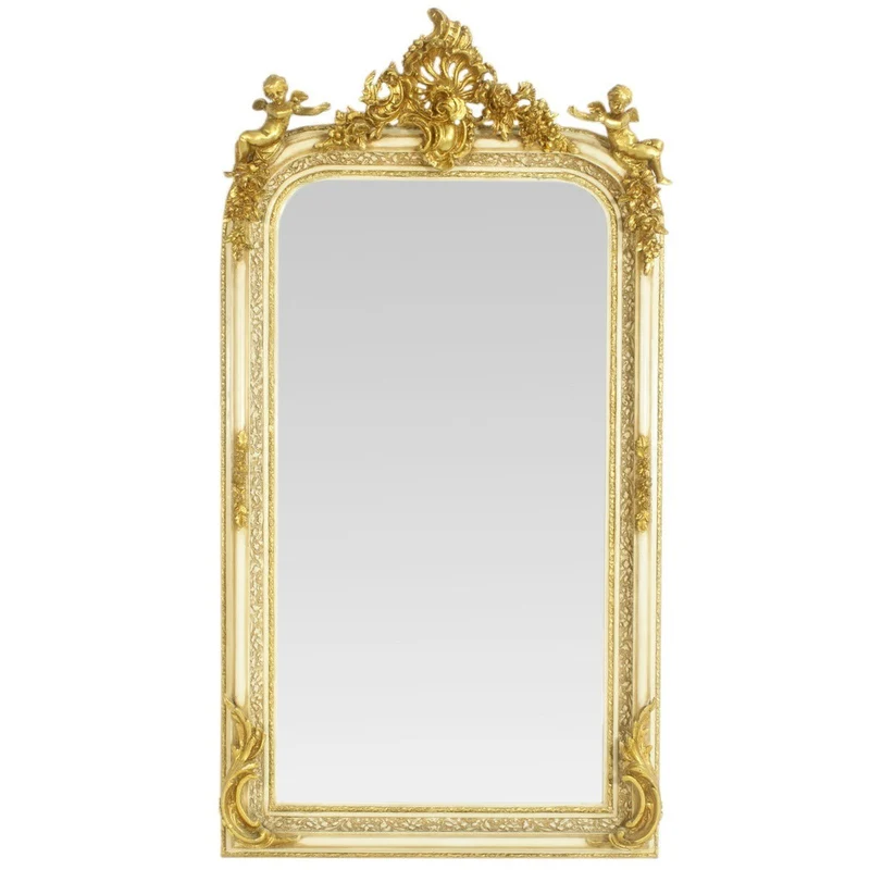 Casa Padrino Barock Spiegel Creme / Gold 85 x H. 160 cm - mit Engelsfiguren - Prunkvoller Wandspiegel im Barockstil - Antik Stil Garderoben Spiegel - Wohnzimmer Spiegel - Barock Möbel