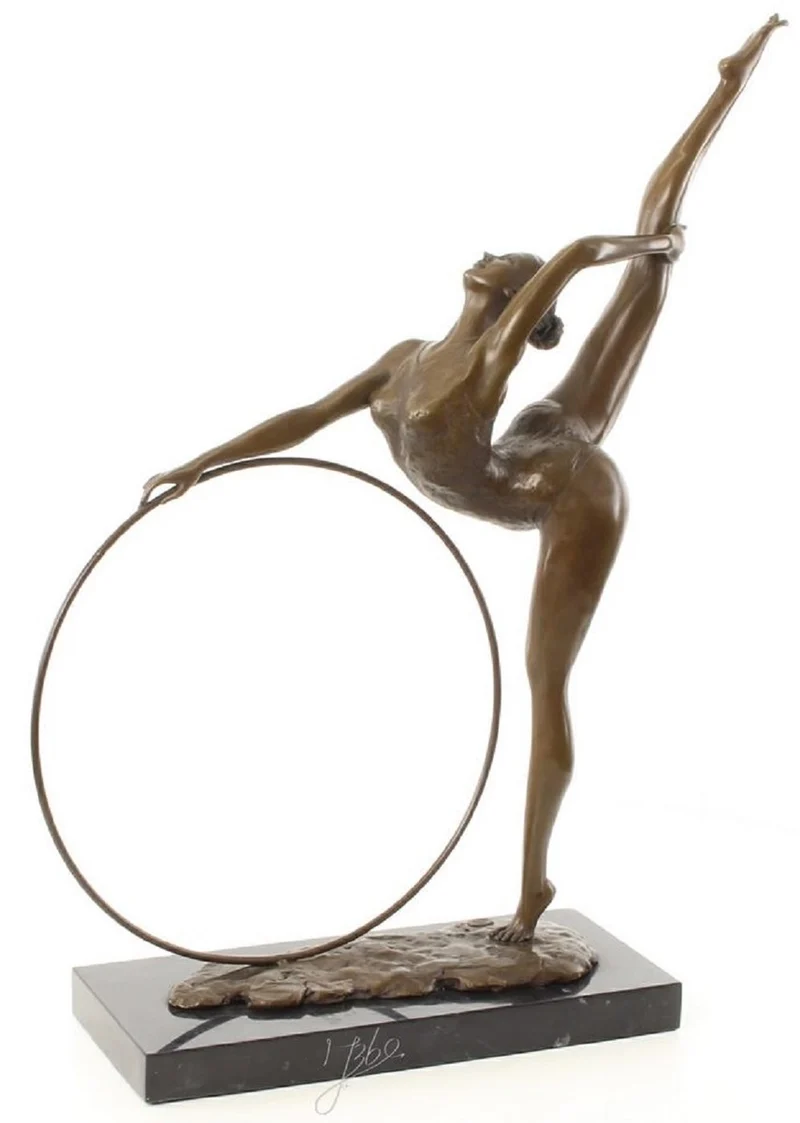 Casa Padrino Luxus Bronzefigur Hula Hoop Tänzerin Bronze / Schwarz 46,2 x 14,2 x H. 57 cm - Deko Bronze Skulptur mit Marmorsockel