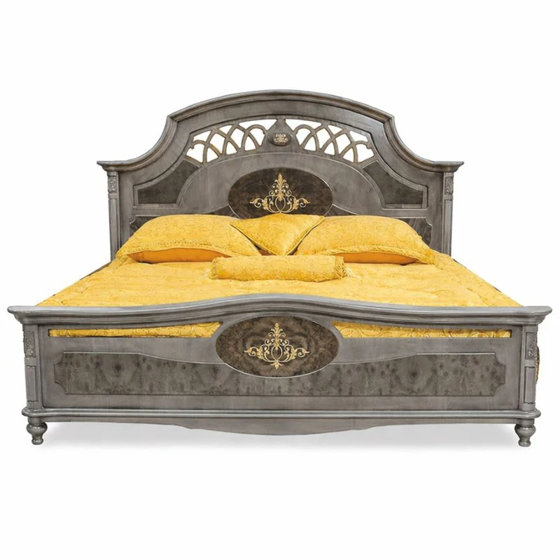 Casa Padrino Luxus Barock Massivholz Doppelbett Grau - Barock Schlafzimmer Möbel