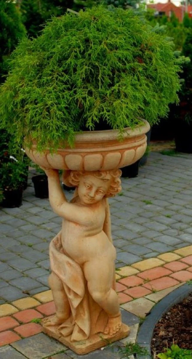Casa Padrino Jugendstil Blumentopf mit Skulptur Beige Ø 50 x H. 86 cm - Pflanzentopf - Gartendeko