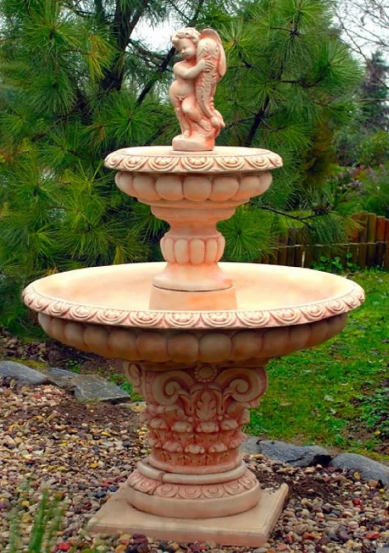 Casa Padrino Jugendstil Gartenbrunnen Junge mit Goldfisch Beige / Rot Ø 114 x H. 171 cm - Gartendeko Brunnen - Springbrunnen